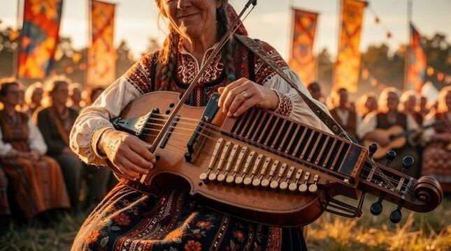 Kvinna spelar vevlira framför publik på en utomhusfestival